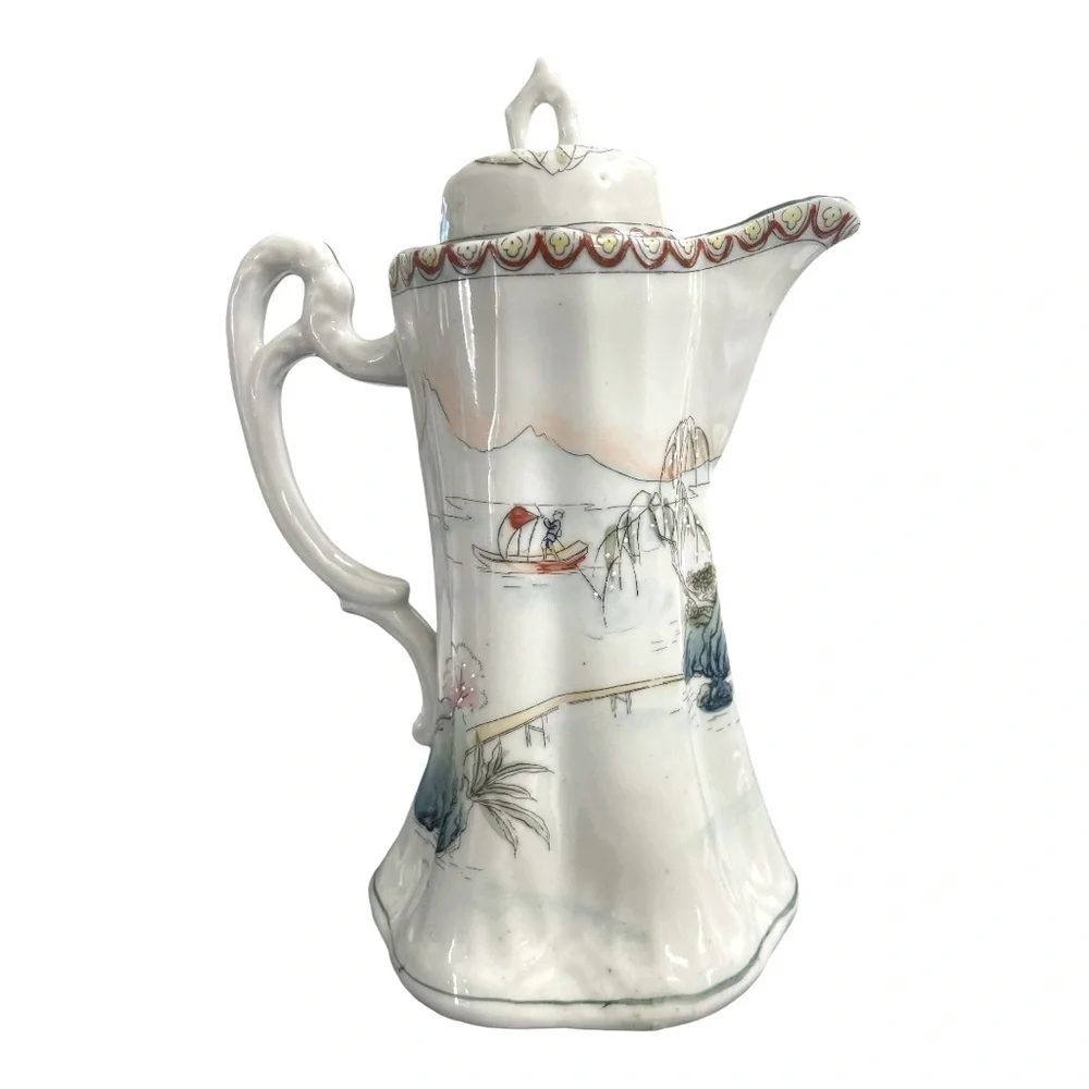 Antique Nippon Hand Painted Japanese Chocolate Pot Teapot 9in Scenic Landscapes
